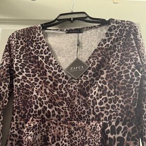 Zaful Long Sleeve Leopard Dress - Brown